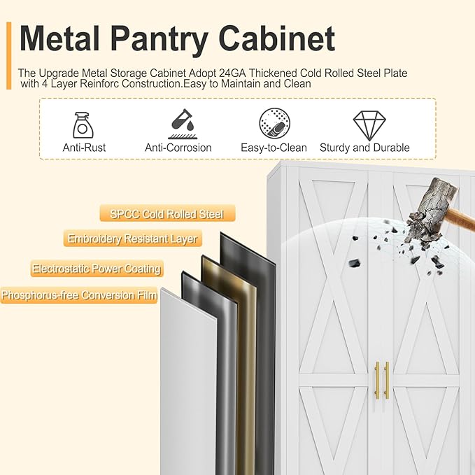75" Tall Metal Kitchen Pantry Storage Cabinet, Freestanding Cupboard with 2 Doors and 5 Adjustable Shelves, Standing Storage for Kitchen, Bathroom, Garage, Dinning Room or Utility Room（White）-CasaMuseHome
