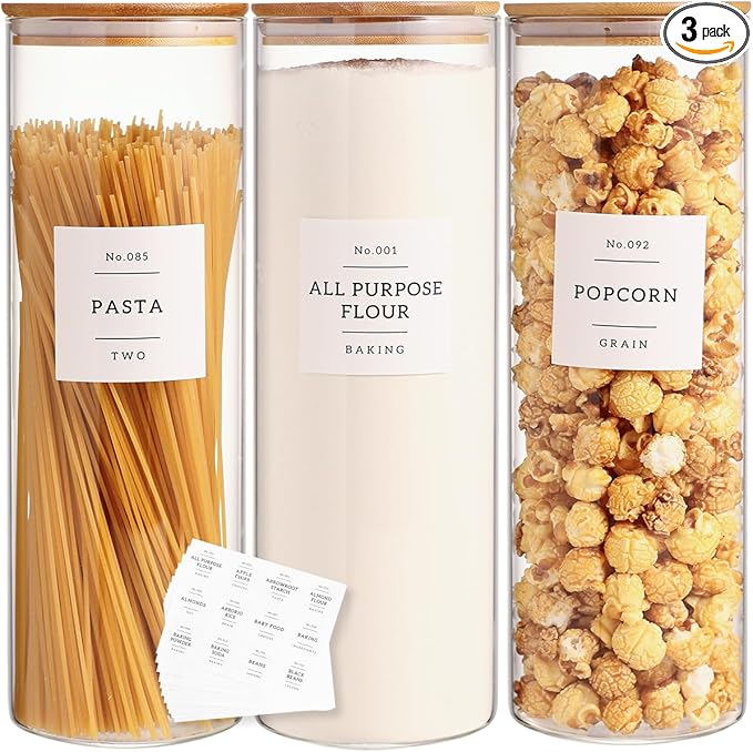 3 Pack Glass Jar with Airtight Bamboo Lid and White 132 Kichen Pantry Labels Preprinted - 70 Oz Clear Tall Glass Food Storage Containers set For Noodles Pasta Spaghetti-CasaMuseHome
