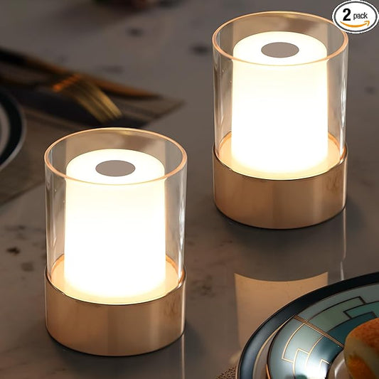 4" Mini Dining Table Light 2 Pack for Buffet Restaurant, Outdoor Waterproof Lamps for Bathroom Camping, Rechargeable Cordless Table Lamp for Bar, Touch Warm Night Light for Nursery Baby (Gold)-CasaMuseHome