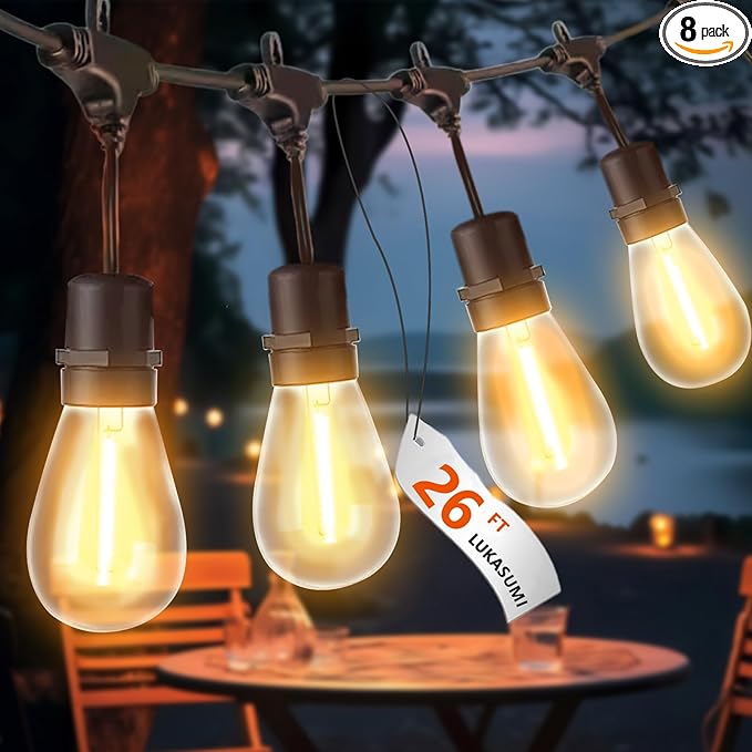 26 Ft LED Outdoor String Lights, Connectable Patio with 8Pcs Waterproof Vintage Edison Bulbs for Backyard, Balcony, Bistro Camping Outdoor Lighting-CasaMuseHome
