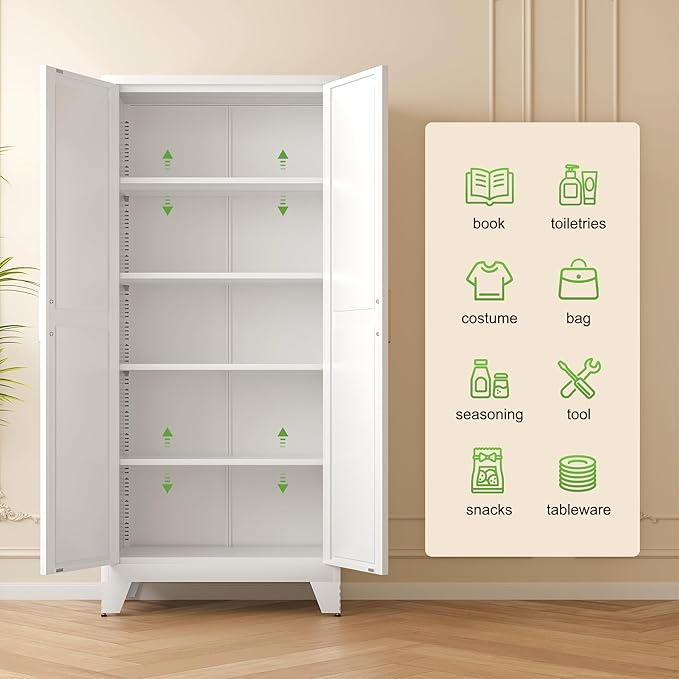 71'' Farmhouse Metal Storage Cabinet with Barn Doors,Steel File Cabinet for Home Office,Kitchen Pantry 4 Adjustable Shelves,Freestanding Cupboard for Kitchen,for Home Office,School (White)-CasaMuseHome