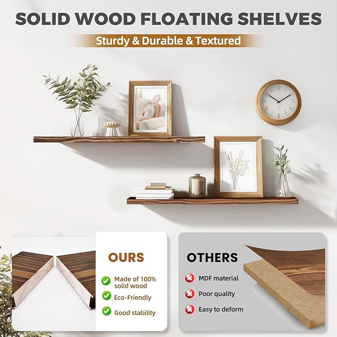 36"x6.8"x1.2" Solid Wood Floating Shelves 2-Pack - Rustic Brown Finish with Hidden Brackets, Perfect for Storage and Décor in Living Room, Kitchen, Bedroom-CasaMuseHome