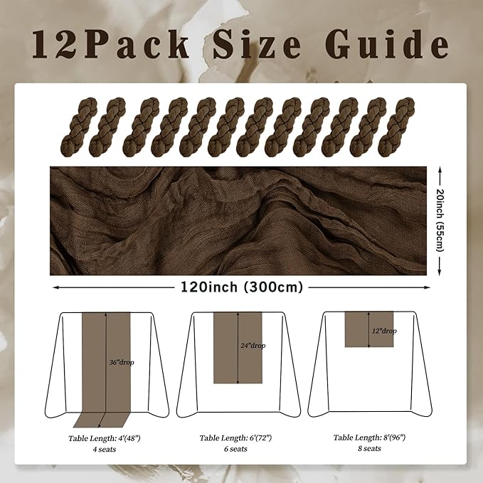 10FT 12 Pack Brown Cheesecloth Table Runner 20 x 120 Inch Long Boho Fabric Rustic Cheese Cloth Table Runner for Wedding Bridal Shower Baby Shower Gauze Sheer Birthday Party Table Decorations-CasaMuseHome