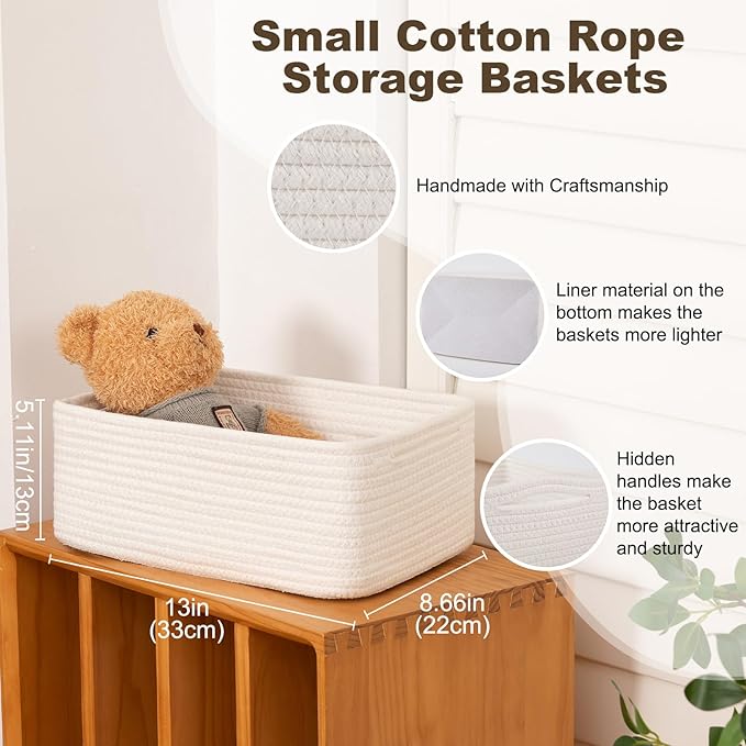 3 Pack Small Storage Baskets for Organizing, Cute Woven Decorative Gift Baskets for Shelves, Mini Closet Organizer Bins with Handles-13''Lx8.66''Wx5.11''H-White-CasaMuseHome