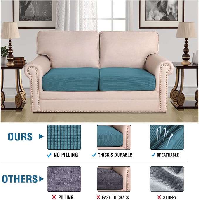 H.VERSAILTEX Super Stretch Individual Seat Cushion Covers Sofa Covers Couch Cushion Covers Slipcover Sets Thick Jacquard Textured Twill Fabric (2 Piece Medium Sofa Cushion Covers, Storm Blue)-CasaMuseHome
