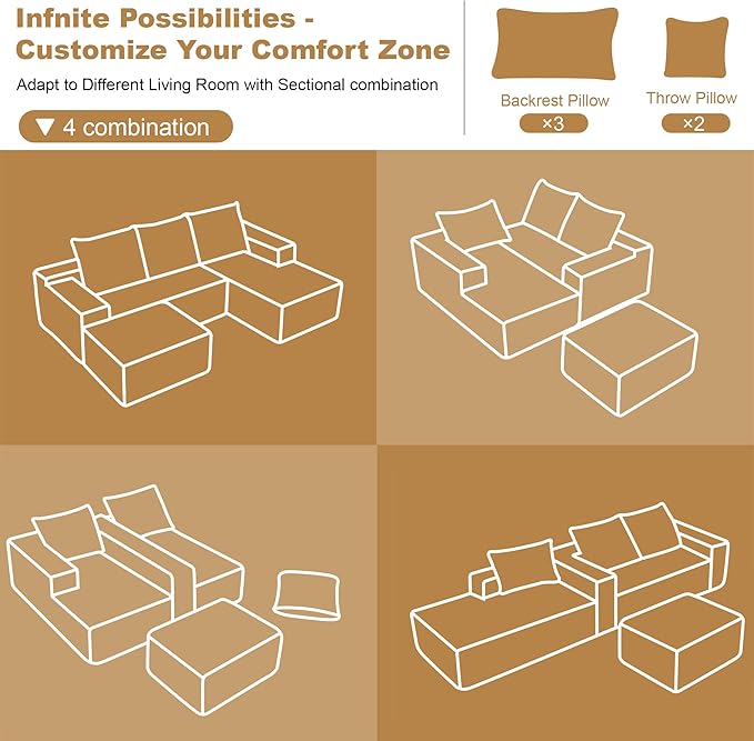 108" Sectional Couches for Living Room Modern Modular Sofa with L-Shape Couchs Upholstered Boneless Couch Deep Seat Sectional Couch with Chaise (Camel, Right Facing Chaise+2Seaters+1Ottoman)-CasaMuseHome