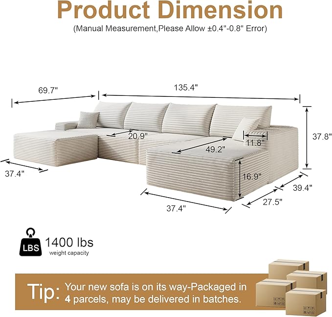 136" Sectional Couches for Living Room Modern Modular Sofa with L-Shape Couchs Upholstered Boneless Couch Deep Seat Sectional Couch with Chaise (White, Right Facing Chaise+3Seaters+Ottoman)-CasaMuseHome
