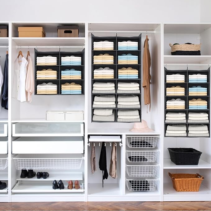 5 Tier Shelf Hanging Closet Organizer, Dual-Row 10 Pocket Cloth Hanging Shelf with 3 Sturdy Hooks for Storage, Foldable (Grey)-CasaMuseHome