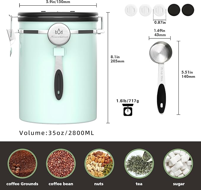 35OZ Coffee Canister for ground coffee with Date Tracker,Mint Green 304 Stainless Steel Kitchen Food Airtight storage container for Coffee Beans or Grounds, Tea, Sugar-CasaMuseHome