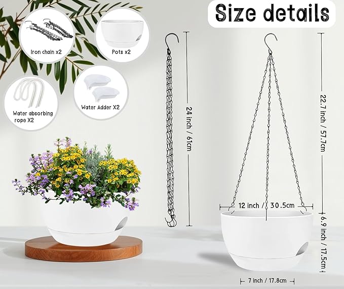 2 Pack 12 Inch Large Hanging Planters with Chains Self Watering White Plastic Hanging Pots for Indoor Outdoor Plants, Garden Porch Home Decor，White-CasaMuseHome