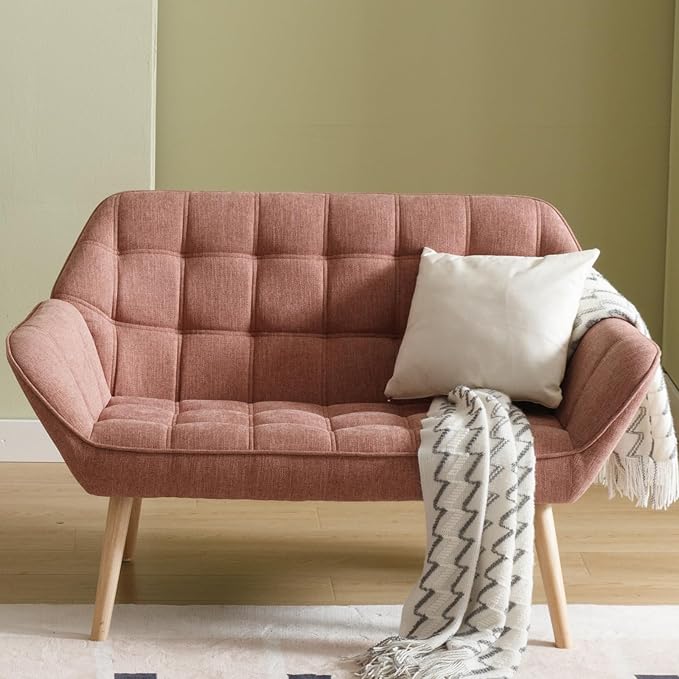 48”Small Loveseat Sofa, Modern Linen Upholstered Mini Couch 2-Seater Fluffy Love Seat with Quilting Backs and Wood Legs for Small Space Living Room, Bedroom, Pink-CasaMuseHome