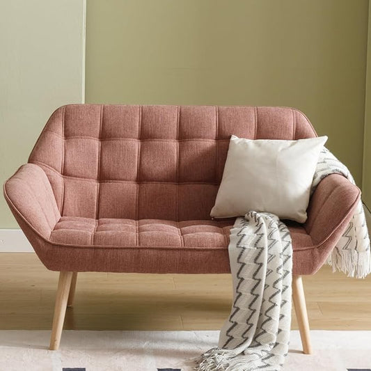 48”Small Loveseat Sofa, Modern Linen Upholstered Mini Couch 2-Seater Fluffy Love Seat with Quilting Backs and Wood Legs for Small Space Living Room, Bedroom, Pink-CasaMuseHome