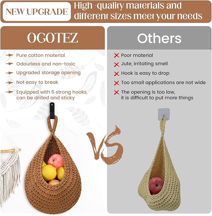 Hanging Fruit Baskets for Kitchen - 3 Pack Boho Wall Hanging Basket with 6 Pcs Strong Hooks, Handwoven Hanging Holder Teardrop Home Produce Basket for Fruits Vegetable Potato Onion Storage (Linen)-CasaMuseHome