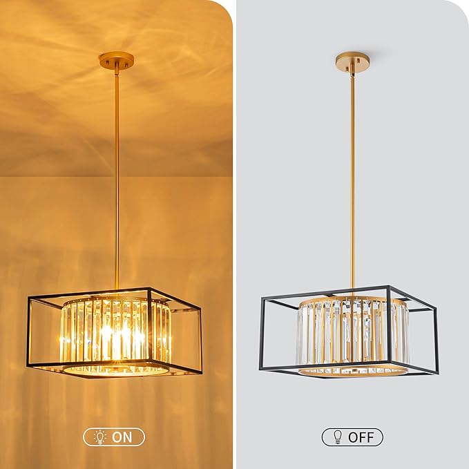 5-Lights K9 Crystal Chandelier, Modern Style Pendant Light Fixture for Dining Room, Bedroom & Living Room, Gold & Black Finish, L16.5 * W16.5 * H12~48 inch (Adjustable Height)-CasaMuseHome