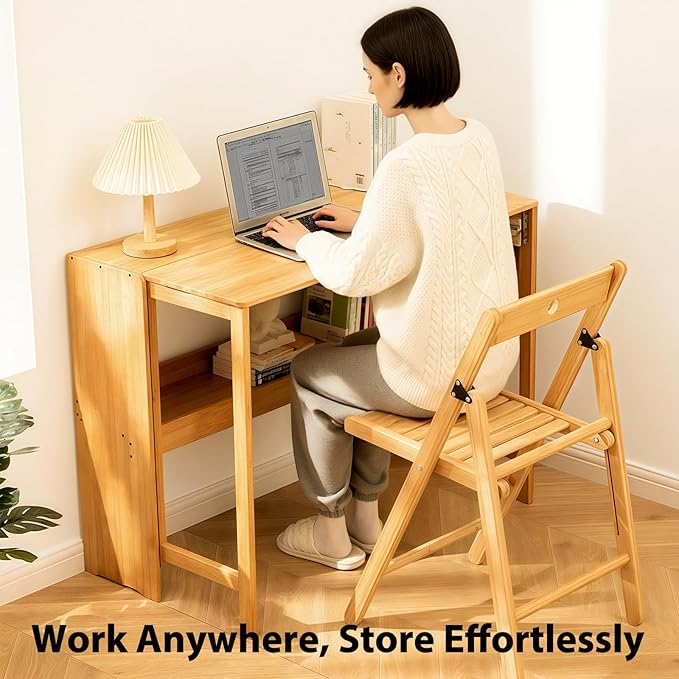 39.37" Bamboo Folding Desk,Space-Saving Computer Desk for Small Spaces, Foldable Study Table for Bedroom, Home Office, Dorm, Apartment (Natural)-CasaMuseHome