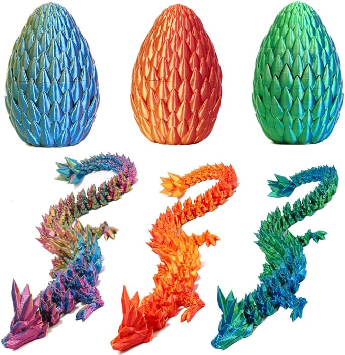 3PCS 3D Printed 12” Articulated Crystal Dragon Inside 5.1” Egg – Fantasy Collectible, Fidget Toy & Stocking Easter Basket Stuffers for Home & Office Decor (3PCS-Egg)-CasaMuseHome