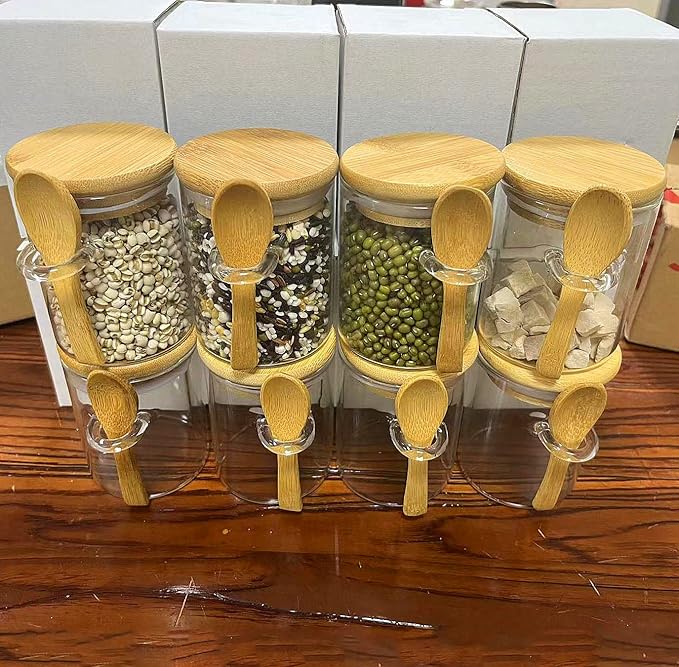 7.6 oz Airtight Mini Glass Jars with Bamboo Lids and Bamboo Spoons, Spice Jars Small Food Storage Containers for Kitchen, Bathroom, Home Decor Set of 8-CasaMuseHome