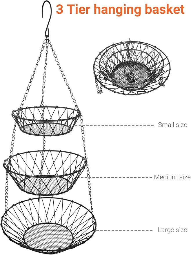 3 Tier Hanging Basket with Sturdy Metal Chain Hanging Hooks Fruit and Vegetable Basket Heavy Duty Wire Organizer Space Saving Rustic Country Style Kitchen Storage-CasaMuseHome