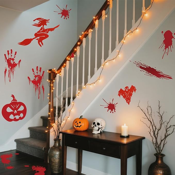8 Sheets Halloween Window Clings, Bloody Handprint Footprint Window Stickers Scary Halloween Decorations Self Adhesive Wall Decal for Party Bathroom Car Door Zombi Restroom Sign Decals-85 Pcs-CasaMuseHome