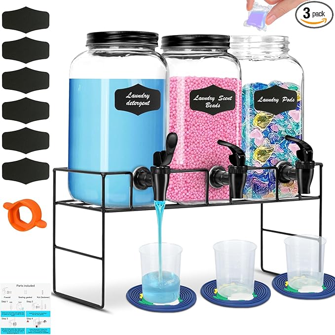 3-Pack 2.2L Glass Laundry Detergent Dispenser Set with Stand - Premium Liquid Soap Dispenser with PP Spigots, Measuring Cups, and Chalkboard Labels for Laundry Room Organization and Storage-CasaMuseHome