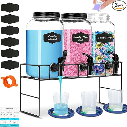 3-Pack 2.2L Glass Laundry Detergent Dispenser Set with Stand - Premium Liquid Soap Dispenser with PP Spigots, Measuring Cups, and Chalkboard Labels for Laundry Room Organization and Storage-CasaMuseHome
