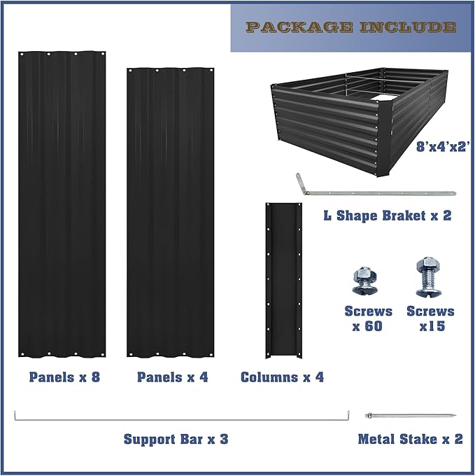 8x4x2FT Metal Raised Garden Bed Kit, Galvanized Outdoor Garden Bed Planter Box for Vegetables, Flowers, Herbs, Succulents and More, Black-CasaMuseHome