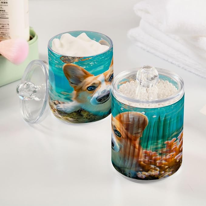 2 Pack Qtip Holder Organizer Dispenser Corgi Dog Underwater Bathroom Storage Canister Cotton Ball Holder Container for Cotton Pads/Swabs/Floss-CasaMuseHome