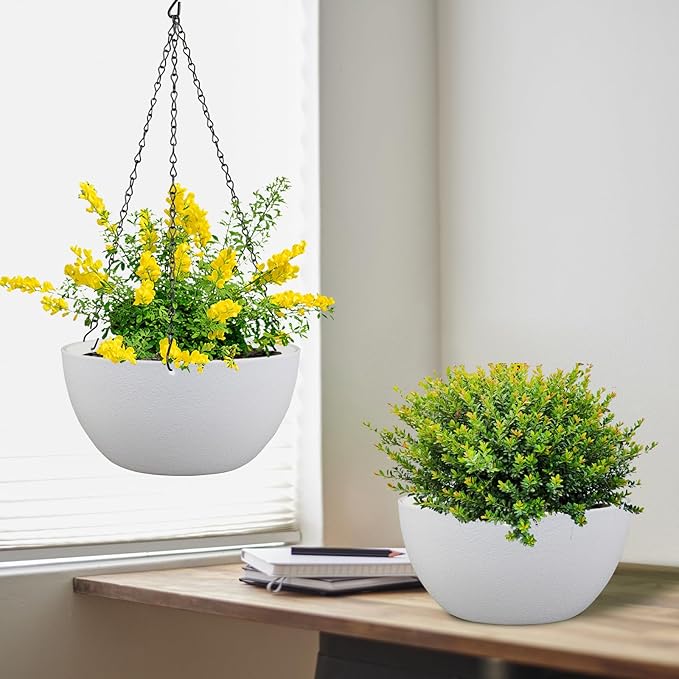 8 inch Small Hanging Planters for Indoor Outdoor Plants, 2 Pack Hanging Flower Pots with Drainage Holes and Chain for Garden Porch Plants, Plastic Hanging Baskets for House Plants, White-CasaMuseHome