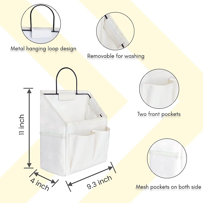 2pcs Small Wall Hanging Organizer Bag, Linen Fabric Door Hanging Storage Basket with Pockets, Waterproof Bin for Kitchen, Bedroom, Office, RV Camper (White)-CasaMuseHome
