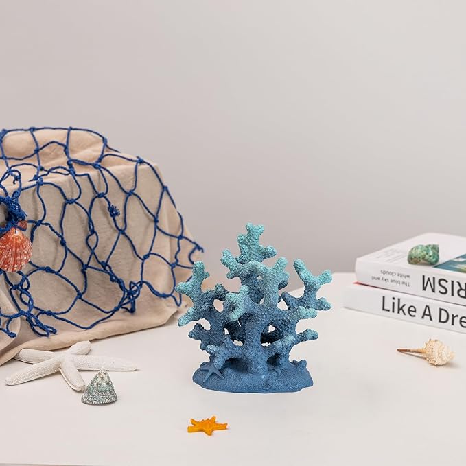 7.1" H Blue Coral Decor, Resin Coral Statue, Nautical Decorations for Home, Bedroom, Bathroom, Living Room, Beach/Coastal/Ocean Themed Cabinet Shelf Tabletop Decor-CasaMuseHome