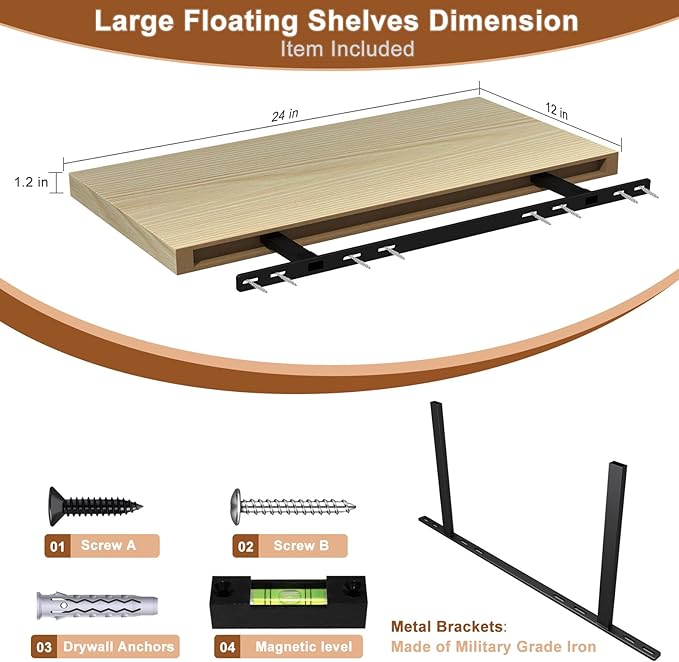 12 Inch Deep Floating Shelves for Wall 1 Pack Floating Shelves Large Storage Space Wall Mount Shelf for Living Room Kitchen Bathroom 24" W x 12" D x 1.2" H Oak-CasaMuseHome