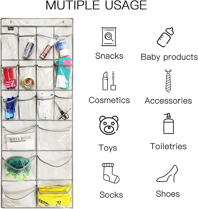 2 Pack Extra Large Hanging Crystal Clear Over Door Shoe Organizers, Closet Shoe Rack Organizer, 12+6 Pockets, 8 Hooks, Grey (59" x 21.6")-CasaMuseHome