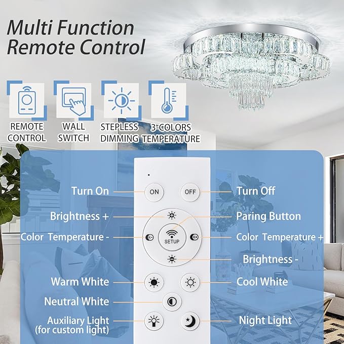 21 Inch Crystal Chandeliers with Remote Control LED Chandelier Modern Mount Flush Mount Chandelier Ceiling Light Fixtures for Bedroom Living Room Dining Room(Dimmable)-CasaMuseHome