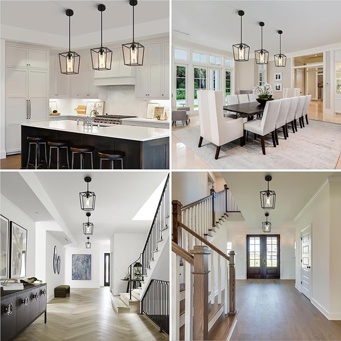 3 Pack Black Pendant Lights for Kitchen Island, 1-Light Farmhouse Metal Pendant Light Cage Kitchen Hanging Light Fixtures with Clear Glass Shade for Dining Room, Entryway, Hallway, Foyer-CasaMuseHome