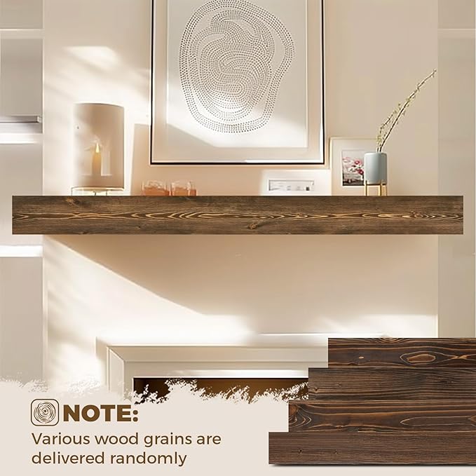 72x8x3 Fireplace Mantel - Handcrafted Hollow Rustic Solid Wood Wall Mounted Floating Shelf with Invisible Heavy Duty Wood Bracket (Weathered Brown)-CasaMuseHome