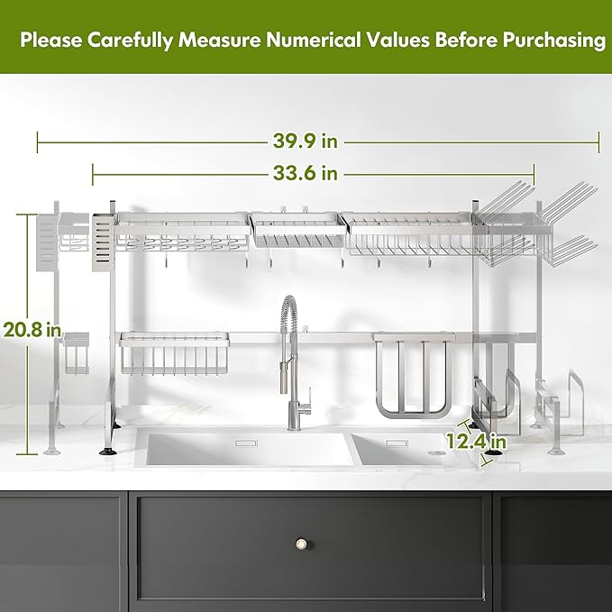 2 Tier Extra Large Stainless Steel Expandable Over The Sink Dish Drainer Drying Rack, Rust Proof Metal, Space Saving, Modern Silver Big Capacity Extendable Plate Strainers Above Kitchen Counter-CasaMuseHome