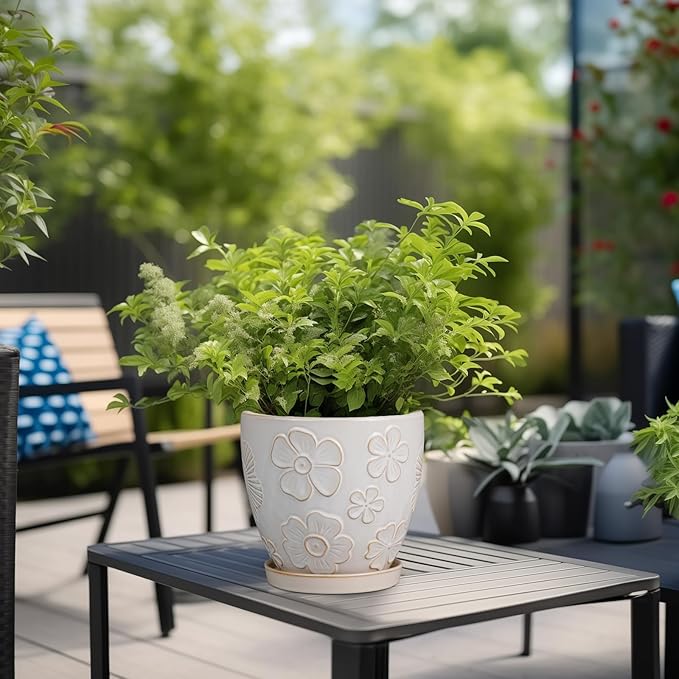 6.9 Inch Plant Pot with Drainage Hole and Saucer Ceramic Planter for Indoor Plant Flower Pot for Orchid Succulents Plants White-CasaMuseHome