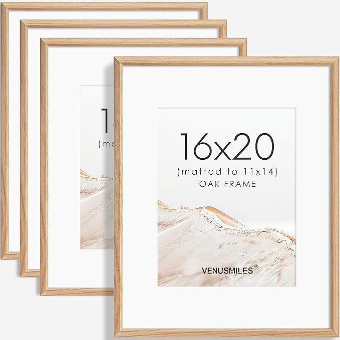 16x20 Picture Frame Set of 4 Natural Solid Oak Photo Frames with 11x14 Removable Mat Wall Hanging Large Handcrafted Frame with HD Plexiglass Wall and Tabletop Display Large Poster Frame-CasaMuseHome