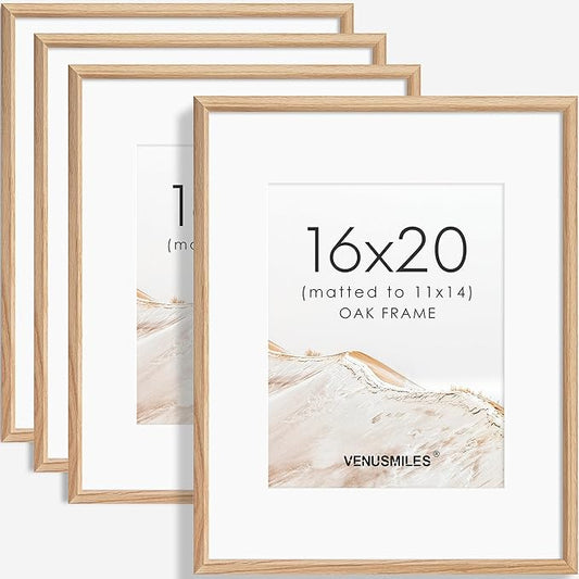 16x20 Picture Frame Set of 4 Natural Solid Oak Photo Frames with 11x14 Removable Mat Wall Hanging Large Handcrafted Frame with HD Plexiglass Wall and Tabletop Display Large Poster Frame-CasaMuseHome
