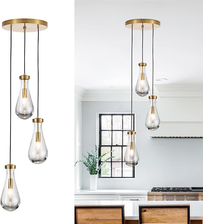 3-Light Raindrop Pendant Light Fixtures, Brass Glass Pendant Lighting, Teardrops Modern Hanging Light for Entryway Foyer Kitchen Island Dining Living Room Hallway-CasaMuseHome