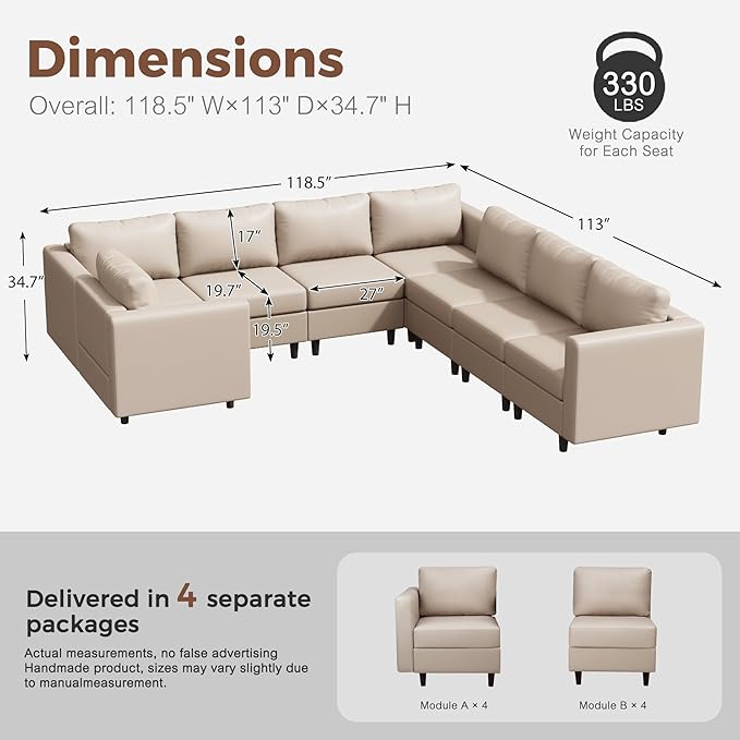 118.5" Faux Leather Modular Sectional Sofa, U Shaped Couch Set for Living Room, Large 8-Seater Comfy Cloud Couches with Storage Seat DIY Combination - Whitesand-CasaMuseHome