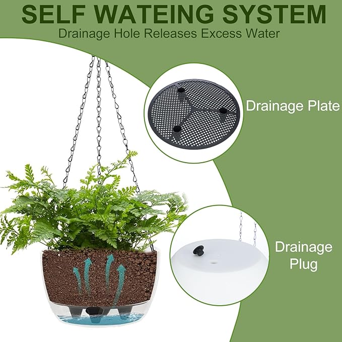 2 Packs Solar Hanging Basket Planters for Plants Outdoor, Self Watering White Flower Plants Pots with Solar Light Drainer for Balcony Patio Garden Outdoor Decoration-CasaMuseHome
