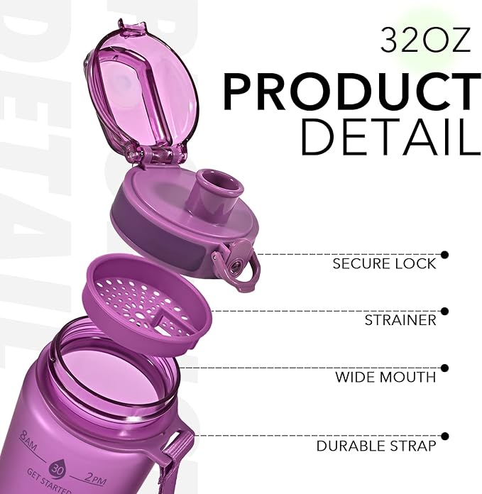 32oz Motivational Water Bottles with Time Marker & Fruit Strainer, Transparent Gradient Color Water Bottle with Times to Drink, Leakproof & BPA Free, Reusable Bottle with Strap (No Straw)-CasaMuseHome