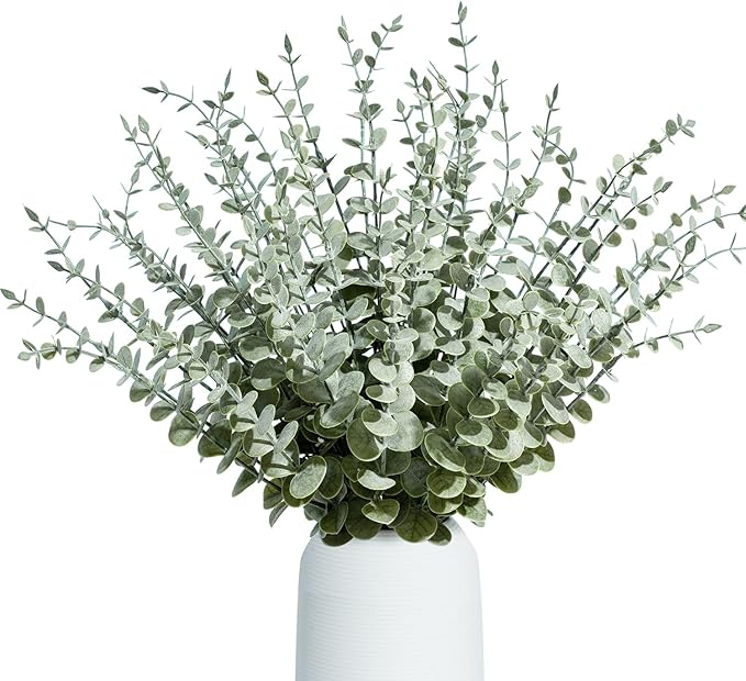 48Pcs Faux Eucalyptus Stems, 15" Artificial Eucalyptus Plants with White Frosted Coating, Fake Eucalyptus Decor Plastic Greenery Leaves for Wedding Bouquets Home Decor DIY Floral Arrangements-CasaMuseHome
