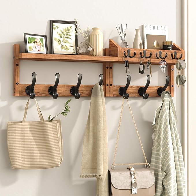 29" Coat Rack Wall Mount with Shelf, 4 in 1 Wall Mounted Coat and Key Hanger with 11 Hooks, Entryway Key Holder with Mail Holder for Living Room, Bedroom-CasaMuseHome