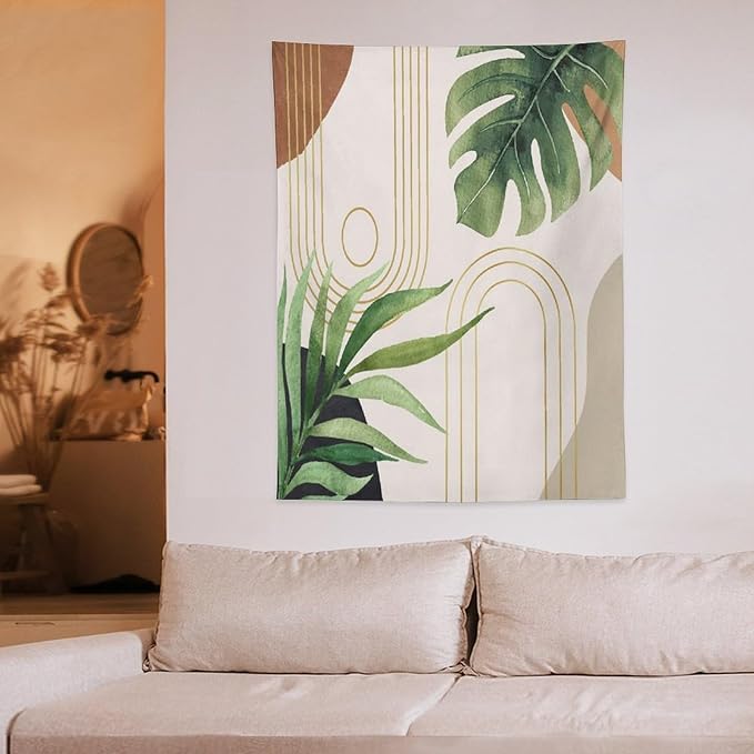 Abstract Boho Tapestry, Mid Century Tropical Tree Leaves Modern Geometric Arch Bohemian Botanical Tapestry, Home Aesthetic Wall Hanging Art Decor for Living Room Bedroom Dormitory 60x80 Inch-CasaMuseHome