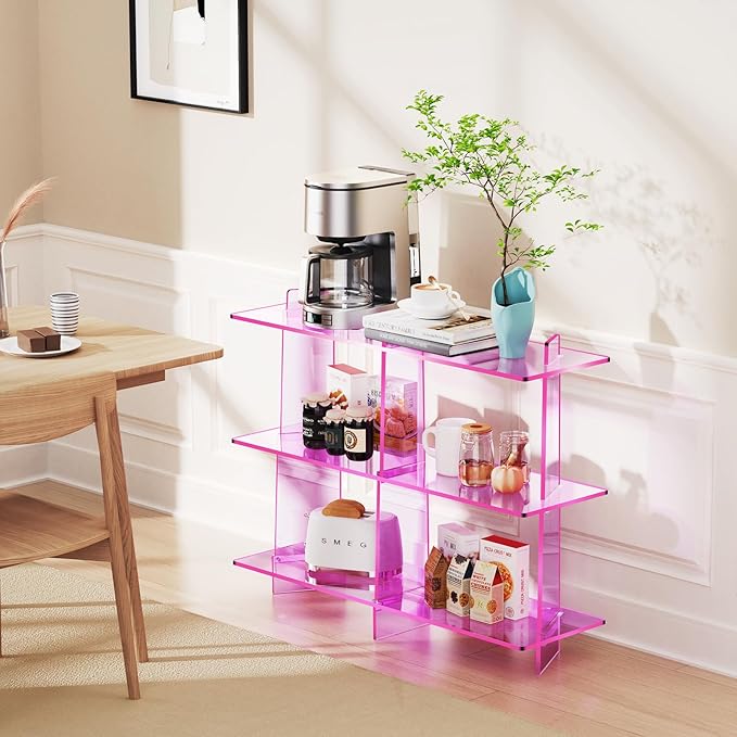 Acrylic Bookshelf, Small 3 Tier Open Bookcase for Small Spaces,Sofa Table, Hallway Entry Table for Home Living Room (Pink, 39.4'' x 11.8'' x 31.5'')-CasaMuseHome