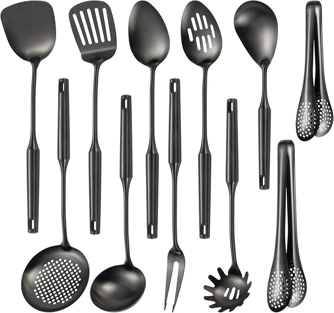 304 Stainlss Steel Matte Kitchen Utensils Set, 11 Pcs Long Metal Cooking Utensil Gadgets Tools Set with Spatula, Ladle, Spoon, Ladle, Skimmer, Tunner, Pasta Server, Tongs(Black, Dishwasher Safe)-CasaMuseHome