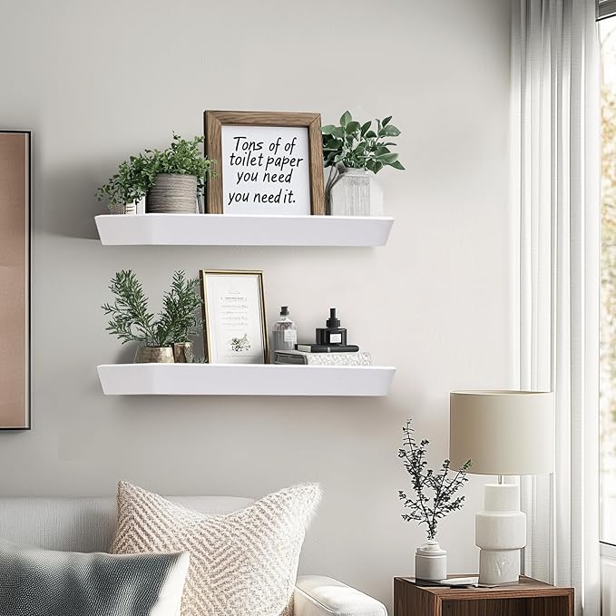 16"x6.8"x1.6" Slanted Floating Wall Shelves 2-Pack - Rustic White Finish, Heavy-Duty Solid Wood Design with Hidden Brackets - Perfect for Living Room, Kitchen, Bathroom, or Office-CasaMuseHome