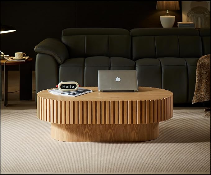 43.7" Oval Coffee Table for Living Room,Modern Handcraft Drum Coffee TableSmall Wooden Coffee Table with Sturdy Pedestal Easy Assembly for Office-Natural-CasaMuseHome